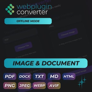 Op de afbeelding: Een blauwe knop met de tekst "OFFLINE MODE" op een donkere achtergrond. Onder de knop worden verschillende bestandsformaten weergegeven, waaronder PDF, DOCX, TXT, MD, HTML, PNG, JPEG, WEBP en AVIF. De tekst "IMAGE & DOCUMENT" wordt weergegeven in een blauwe box.
