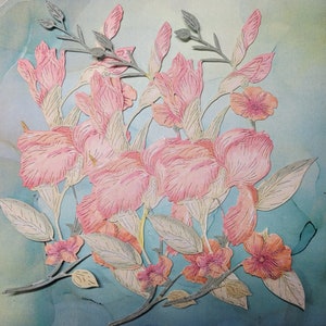 May include: A delicate floral arrangement featuring pink paper flowers with intricate details. The flowers are arranged in a cluster with green stems and leaves, creating a whimsical and elegant design.