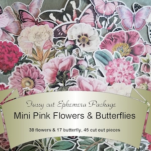 Mini Paper Ephemera Pack, Pink Flower cut outs, Pre Cut Ephemera, Vintage Fussy cuts, small flower cut outs