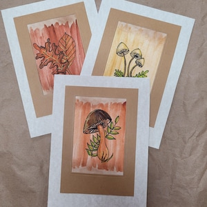 Hand Painted Greeting Card Set of 3, Watercolor Doodle Cards, Mushroom Cards