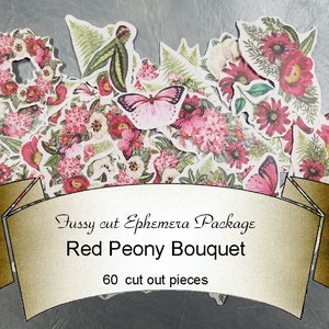 Paper Ephemera Pack, Pre Cut Ephemera, Red Peony Bouquet, Red Floral Fussy cut, Pink Flower die cut,  Flowers Ephemera, Vintage Floral Fussy