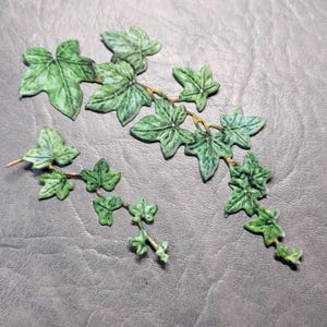 May include: Close-up of several green ivy leaf sprigs with detailed veining. The leaves are various sizes and shapes, with a realistic painted appearance. The sprigs are arranged on a gray surface.