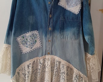 Upcycled Hombre Bleached Denim Shirt Lace & Quiled Accents