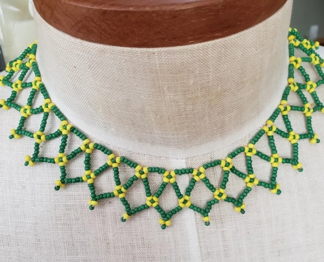 Vintage Green Yellow Seed Bead Collar Necklace Etsy