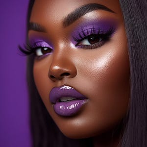 May include: Close-up of a person with dark skin and long black hair. The person is wearing vibrant purple eyeshadow, long black eyelashes, and glossy purple lipstick. The background is a solid purple color.