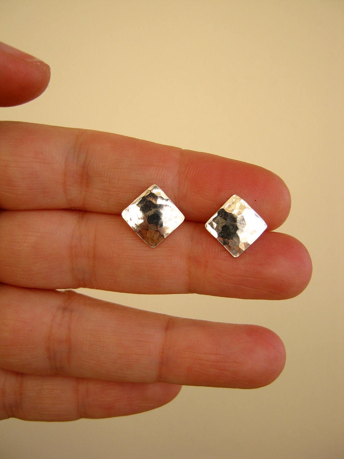 Small Hammered Square Mirror Sterling Silver Stud Earrings Etsy