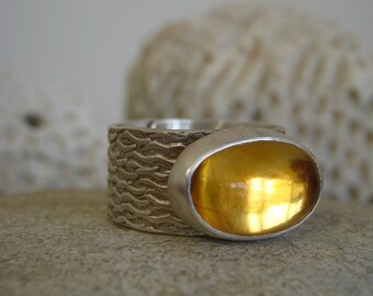 CITRINE Ring - on WIDE patterned band, Sterling Silver