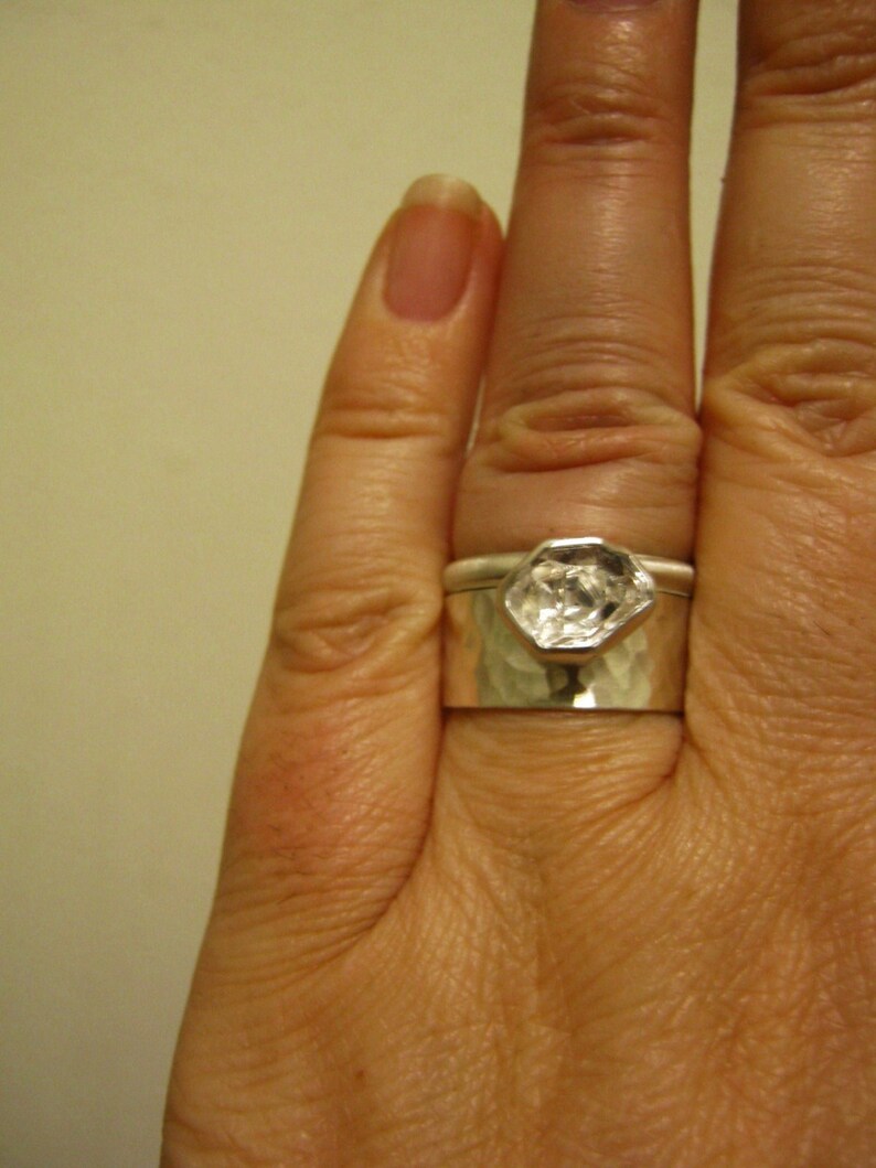 Raw Herkimer Diamond Ring With a Wide Hammered Band Sterling Etsy