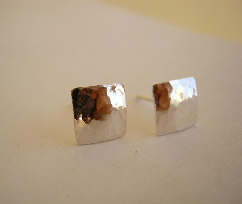 Small Hammered Square Mirror Sterling Silver Stud Earrings Etsy