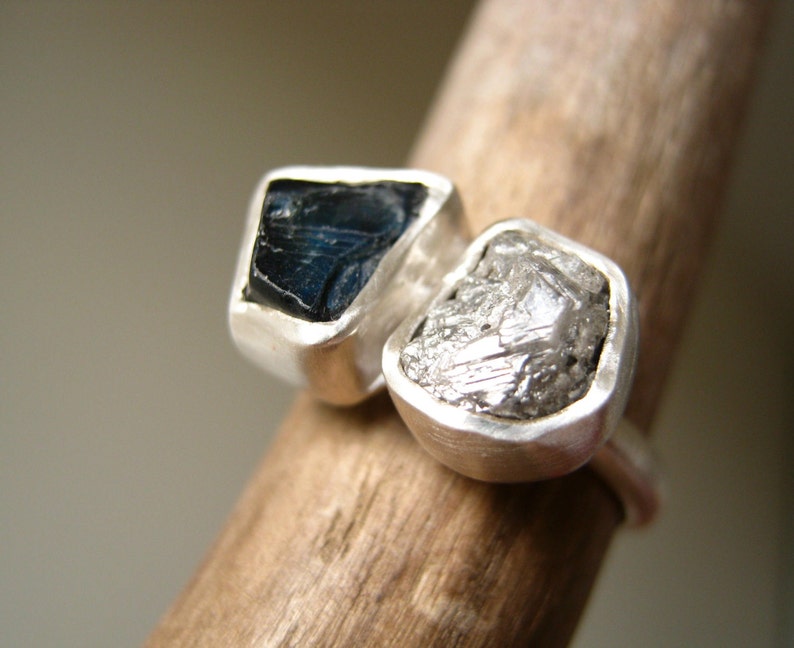 Engagement Ring With Rough Diamond and Rough Blue Sapphire Etsy