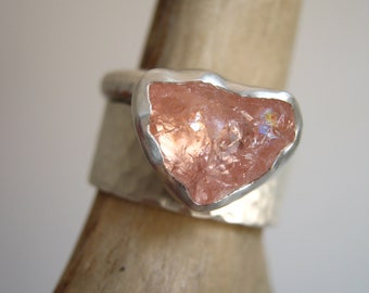 Rough Pink Peach Morganite & Hammered Band Stacking set - Sterling Silver= Ready to ship, fits size 8