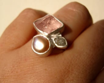 Trio ring with Rough Diamond, Rough Morganite and Natural Pearl - Engagement, Wedding, Anniversary