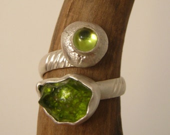 Two forms of Peridot, adjustable ring - Rough and Cabochon gemstones - Sterling Silver and fine silver