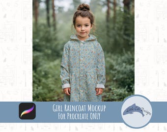 Child Raincoat Procreate Mockup, Kids Jacket Realistic Seamless Pattern Display, Mock-up, Kids Apparel Mockup, Little Girl Clothing Mock up