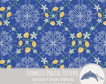 Sunny Amalfi Coast Lemon Tile Pattern - Instant Digital Download, Hand Drawn Italian La Dolce Vita Mediterranean Citrus Digital Paper