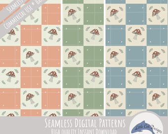 Mushroom Seamless Pattern Bundle, Cottagecore Digital Paper, Plaid Scrapbook Paper, Hand Drawn Gingham Fabric, Mushroom Wallpaper, PNG