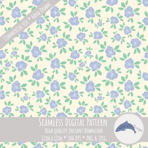 Blue Ditsy Floral Seamless Pattern Instant Download, Hand Drawn Vintage Print, Cottagecore Flowers, Roses,  Cute Girly Flower Repeat Design