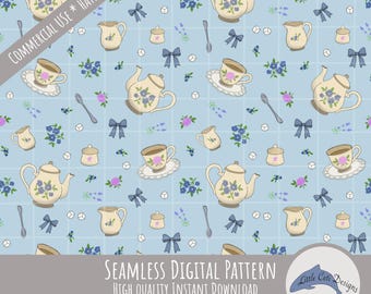 Coquette Afternoon Tea Seamless Pattern Digital Download, Vintage Kitchen Decor, Cottagecore Tea Party, Floral Grandmacore Teapots, 300 DPI