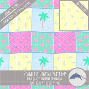 May include: A seamless digital pattern design featuring a patchwork of beach-themed illustrations. The design includes palm trees, starfish, turtles, and fish in a vibrant color palette of pink, yellow, blue, and green. The text reads "Seamless Bundle Commercial Use Hand Drawn" and "Seamless Digital Patterns 12in x 12in * 300 DPI * PNG".