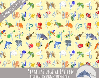 Preschool Seamless Pattern Digital, Hand Drawn Classroom Art, Alphabet Back to School, Kids Design, Teacher Gift First Day of School 300 DPI