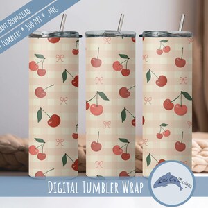 Rutiga körsbär rak tumbler wrap digital nedladdning, handritad gingham design, retro kokett frukt, vintage picknick röda bär tryck