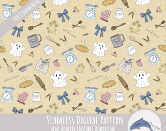 Spooky Coquette Ghost Baking Seamless Pattern Digital Download, Whimsical Halloween, Apron Pattern, Cute French Cottagecore Art