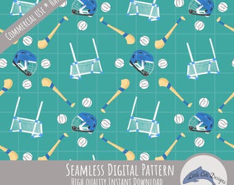 Hurling Seamless Pattern Download, Hand Drawn Irish Sports Digital Paper, Camogie Gaelic Games Design, Helmet, Goal Posts Sliotar Hurley Art