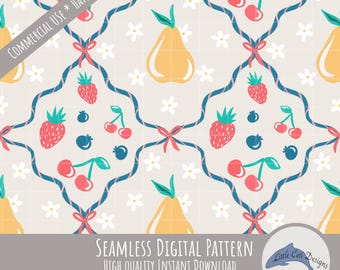 Ribbon Fruit Seamless Pattern Digital Download, Hand Drawn Cottagecore Pears, Cherry Coquette, Floral Kitchen Design Strawberry Printable