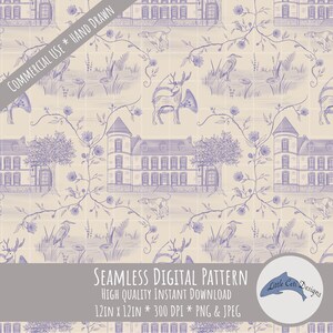 May include: A seamless digital pattern with a repeating design of a French chateau, deer, birds, and floral elements in purple and cream. The pattern includes the text "COMMERCIAL USE * HAND DRAWN" and "SEAMLESS DIGITAL PATTERN".