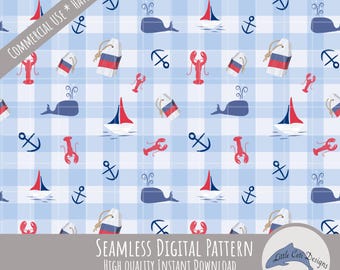 Nautical Seamless Pattern Digital Download, Hand Drawn Nursery Art, Ocean Coastal Marine Design, Seaside Vibes, Lobster & Anchor Gingham