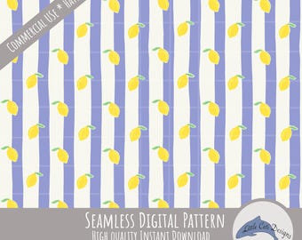 Amalfi Coast Lemons & Stripes Seamless Pattern Instant Download, Hand Drawn Summer Yellow Fruit Mediterranean Aesthetic, French Provence Art