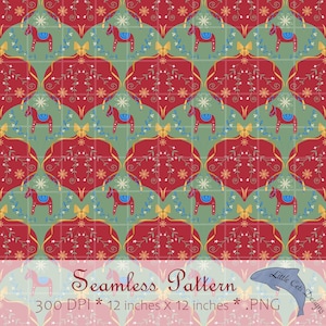 Christmas Swedish Dala Horse Scandinavian Seamless Pattern Hand Drawn PNG Download File