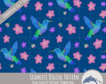 Hummingbird Seamless Pattern Digital Download, Hand Drawn Bright Tropical Bird Floral Art, Cheerful Boho Nature Spring Garden Design 300 DPI