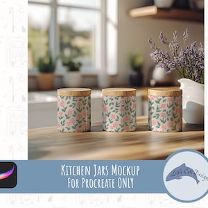 Realistiska köksburkar Procreate Mockup, köksredskapsmockup, designdisplay, digital nedladdning av förvaringsburkmockup, lantligt kök