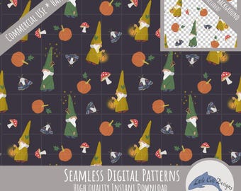 Autumn Gnome Seamless Pattern PNG, Hand Drawn Fall Mushroom Digital Paper, Moth Woodland Cottagecore Transparent Design, Grandpacore Pumpkin