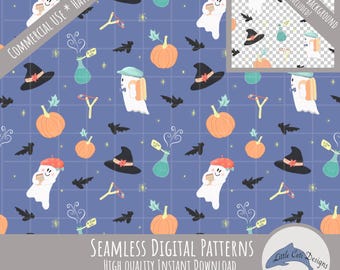 Spooky Back to School Seamless Pattern Bundle, Hand Drawn Whimsical Halloween Digital Paper, Pumpkin Witch Hat Potion Bottle Transparent PNG