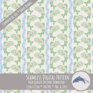 May include: A seamless digital pattern featuring repeating illustrations of green and pink trout fish arranged in vertical columns, separated by wavy light blue lines on a cream background. The image includes text: COMMERCIAL USE * HAND DRAWN.