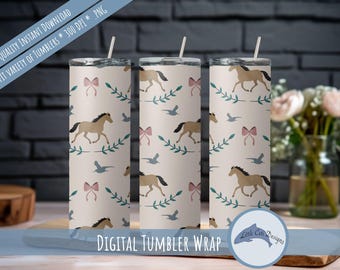 Vintage Horse Straight Tumbler Digital Wrap Download, Hand Drawn Country Coquette Design, Drinkware Gift for Girls, Western Sublimation
