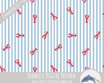 Nautical Lobster Seamless Pattern, Hand Drawn Coastal Red Lobsters & Blue Stripes, Digital Paper for Summer Crafts, Coastal Home Décor