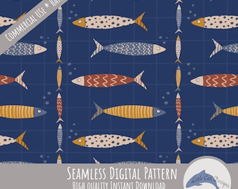 Colorful Fish Seamless Pattern Digital Download, Hand Drawn Nautical Art, Ocean Marine Life Fun Coastal Beach Design, Cute Underwater Print