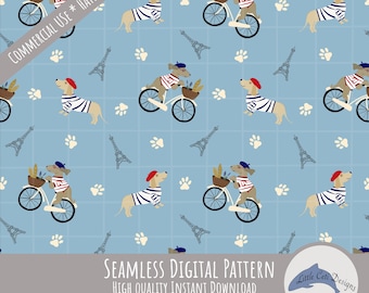 Paris Dachshund Seamless Pattern Instant Download, Hand Drawn French Beret Dog Digital Paper, Baguette Bicycle Print, Pet Paw Print Design