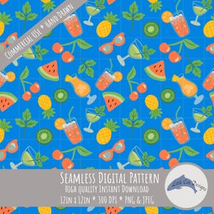 Hand Drawn Tropical Summer Seamless Pattern, Fruity Cocktail Drink, Fun Retro Fruit Print, Watermelon Pineapple Kiwi Cherry PNG Download