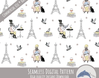 Parisian Dog Seamless Pattern Download, Hand Drawn Eiffel Tower, Paris Black Cat Coffee Digital, City Life Design, Vintage Bookish PNG