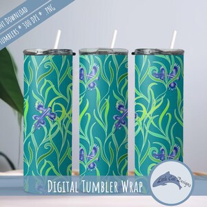 May include: Three teal tumblers with a repeating pattern of green, blue, and purple floral and dragonfly designs. Each tumbler has a silver lid and a white straw. The text "DIGITAL TUMBLER WRAP" is visible.