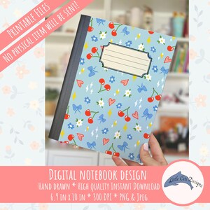 Può includere: Un quaderno con una copertina azzurra con un motivo di ciliegie rosse, fiocchi blu, fiori bianchi, diamanti gialli e cuori rossi. Il quaderno misura 17,5 cm per 25,4 cm. Il testo "PRINTABLE FILES NO PHYSICAL ITEM WILL BE SENT!" è visibile.