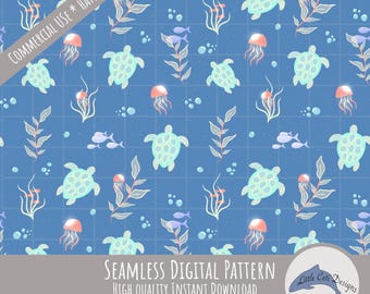 Sea Turtle Seamless Pattern Digital Download, Nautical Wallpaper, Marine Wildlife Design, Nautical Printable, Nature Inspired Art, Sealife