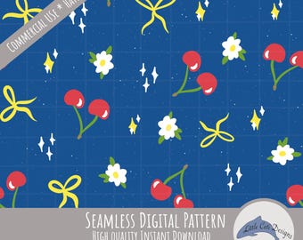 Coquette Cherries Seamless Pattern Instant Digital Download, 300 DPI, Hand Drawn Retro Bows, Red Fruit Floral, Bold Winter Cherry Design
