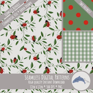 てんとう虫シームレスパターンダウンロードバンドル、手描きの自然デジタルペーパー、風変わりな昆虫、布スクラップブック、垂れ下がる葉、ガーデンアート
