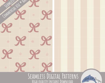 Pastel Bows Stripes Seamless Pattern Bundle, Hand Drawn Polka Dot Ribbon Cute Vintage Cottagecore Aesthetic, Girly Coquette Design Download