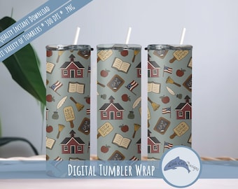 Vintage Schoolhouse Straight Tumbler Digital Wrap Download, Classroom Theme, Patriotic Teacher Gift Sublimation, Teacher Appreciation